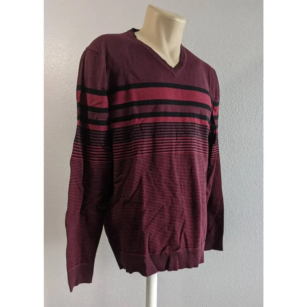 Alfani Small Men's Sweater Red and Black Striped Pullover V-Neck Lightweight New